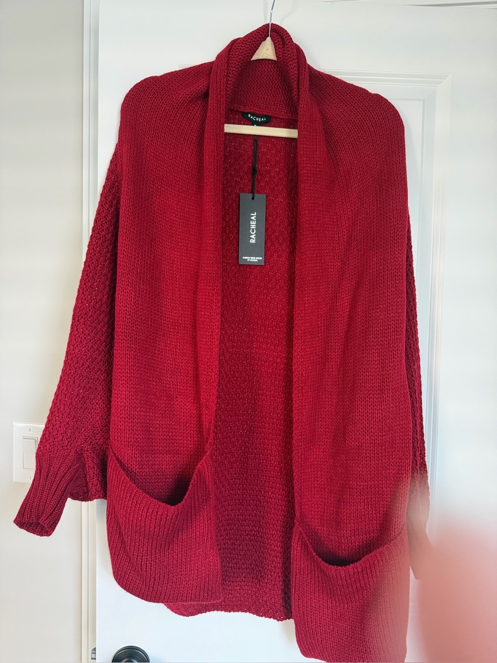 Rachel Deep Red Open-Front Knit Cardigan with Pockets